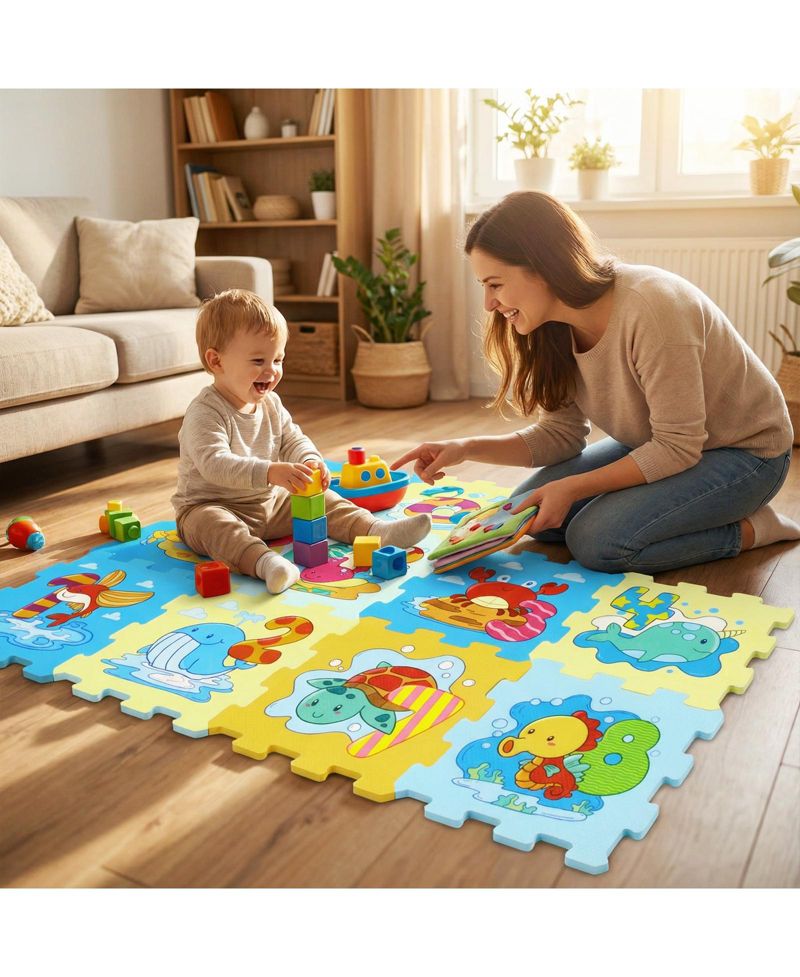 8-Piece Educational Interlocking Baby Play Mat with Animals and Numbers