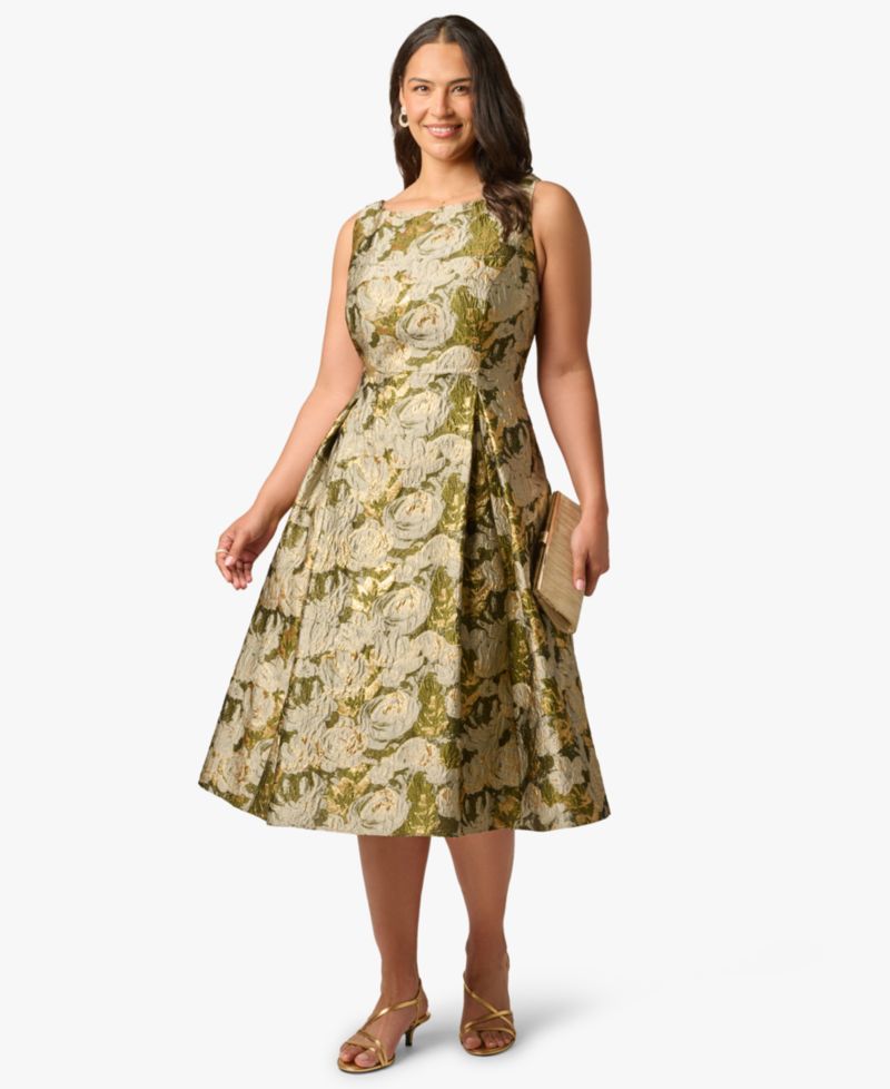 Plus Size Floral Jacquard Boat Neck Midi Dress