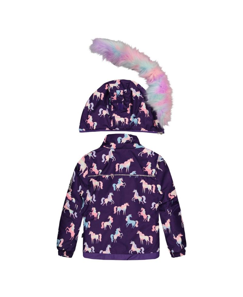 Little and Big Girl 6- 14 Two Piece Play Snowsuit Purple Unicorn Print with Multicolored Pants