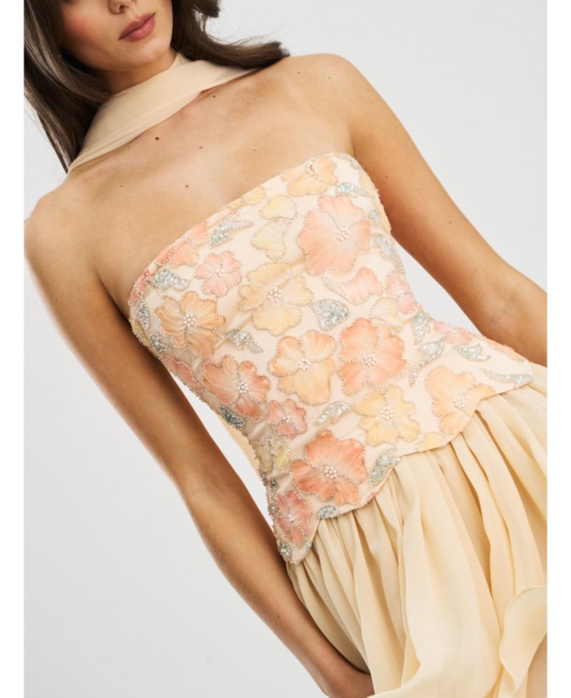 Women's Quanisha Yellow Beaded Floral Mini Chiffon Dress with Scarf