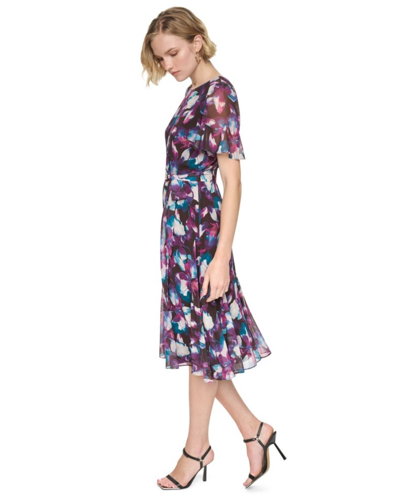 Women's Floral-Print A-Line Godet Sleeve Midi Dress