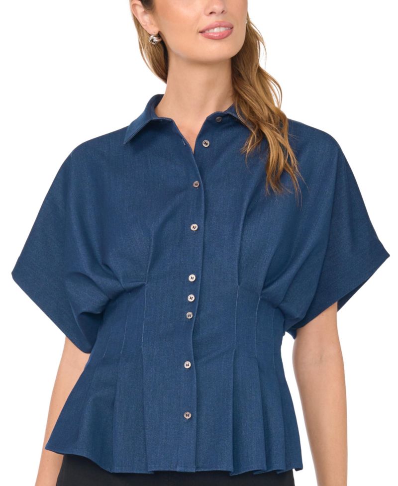 Women's Point-Collar Dolman-Sleeves Pleated-Waist Blouse