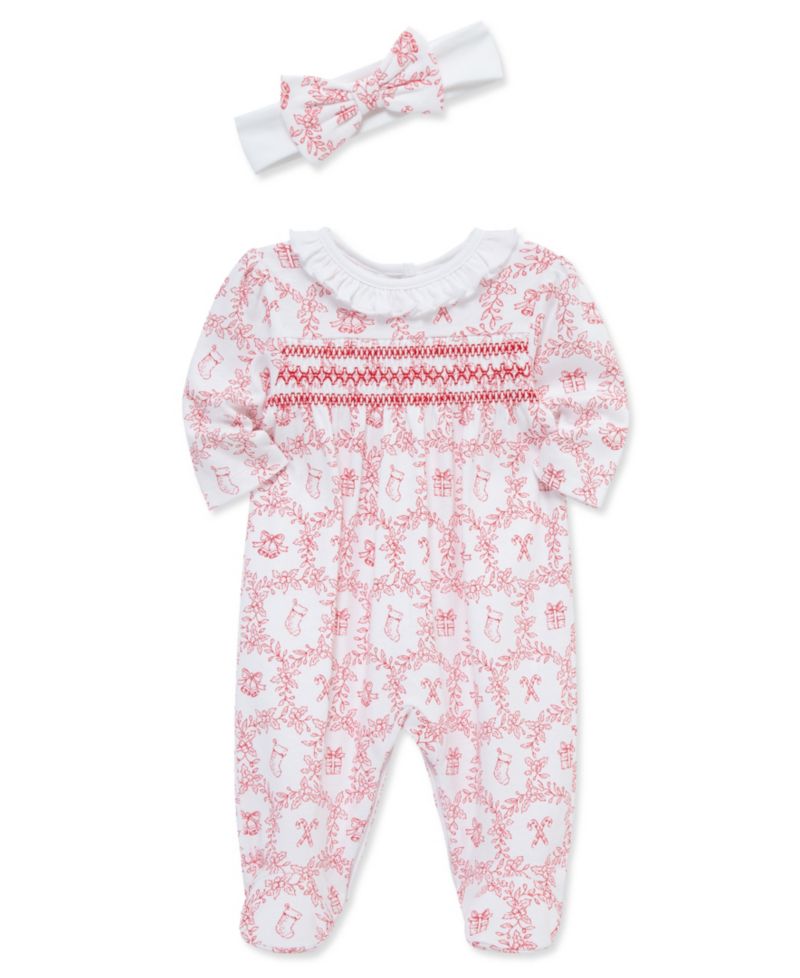 Baby Girls' Festive Toile Print Footed Coveralls and Headband, 2-Piece Set