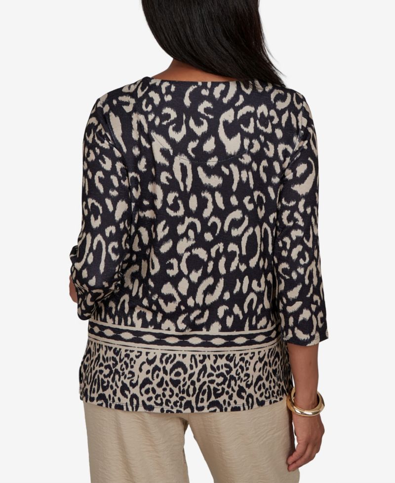 Women's Travel Advisory Animal Print Split Neck Knit Top