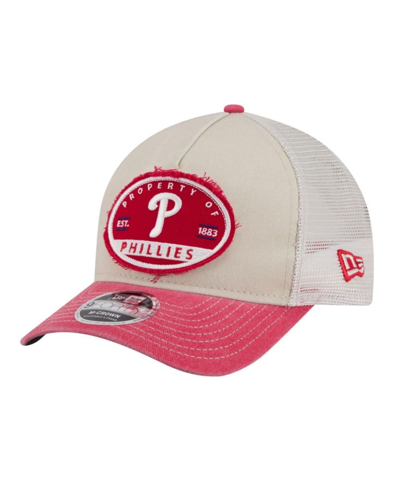 Men's Light Beige/Red Philadelphia Phillies Frayed M-Crown A-Frame 9FORTY Trucker Adjustable Hat