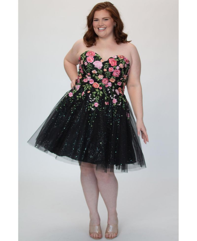 Plus Size Strapless Floral Embroidered Sparkle Tulle Short Party Dress