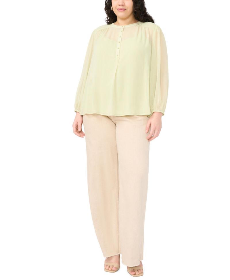 Plus Size Half Placket Shirred Yoke Blouse