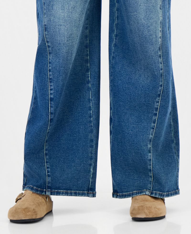Juniors' Asym Elastic Back Waist High-Rise Wide-Leg Jeans