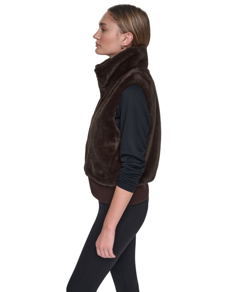 Women's Mock-Neck Ribbed-Knit Hem Faux Fur Vest