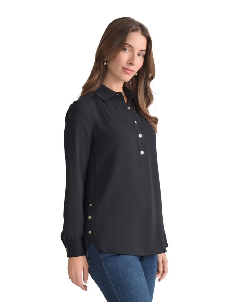 Long Sleeve Shirttail Side Button Popover Tunic