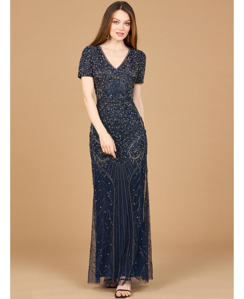 Women's Short Sleeve Sheath Beaded Gown