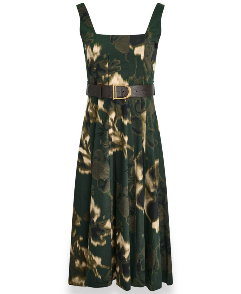 Women's Printed Square Neck Pleated Fit and Flare Dress with Belt
