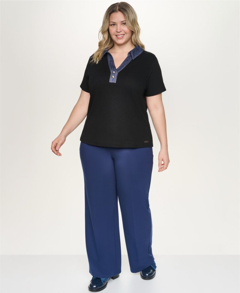 Plus Size Collared Short Sleeve Pull-On Top