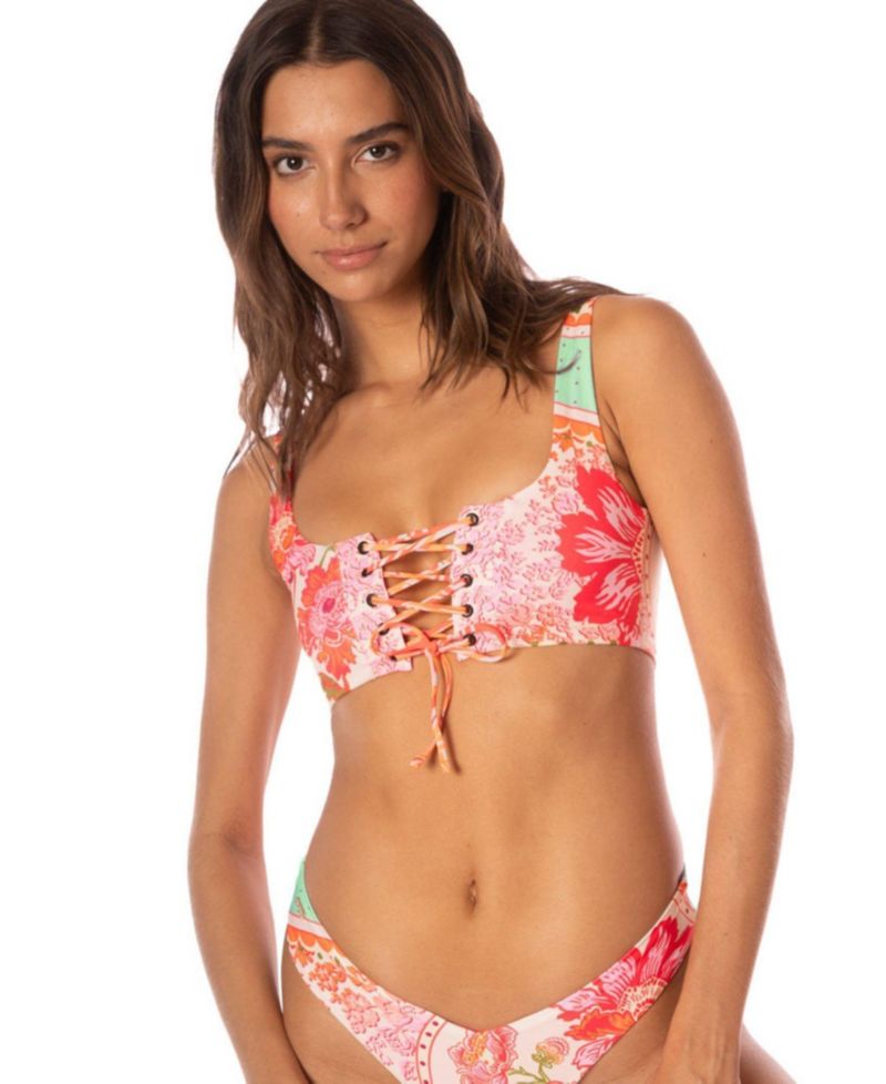 Women's Floral Groove Dazzle Lace-Up Bralette Bikini Top