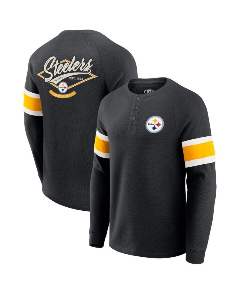Men's Black Pittsburgh Steelers Waffle-Knit Raglan Long Sleeve Henley T-Shirt