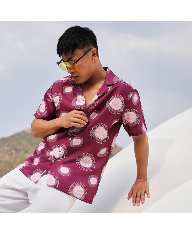 Men's Wine Red Relaxed Face Shirt