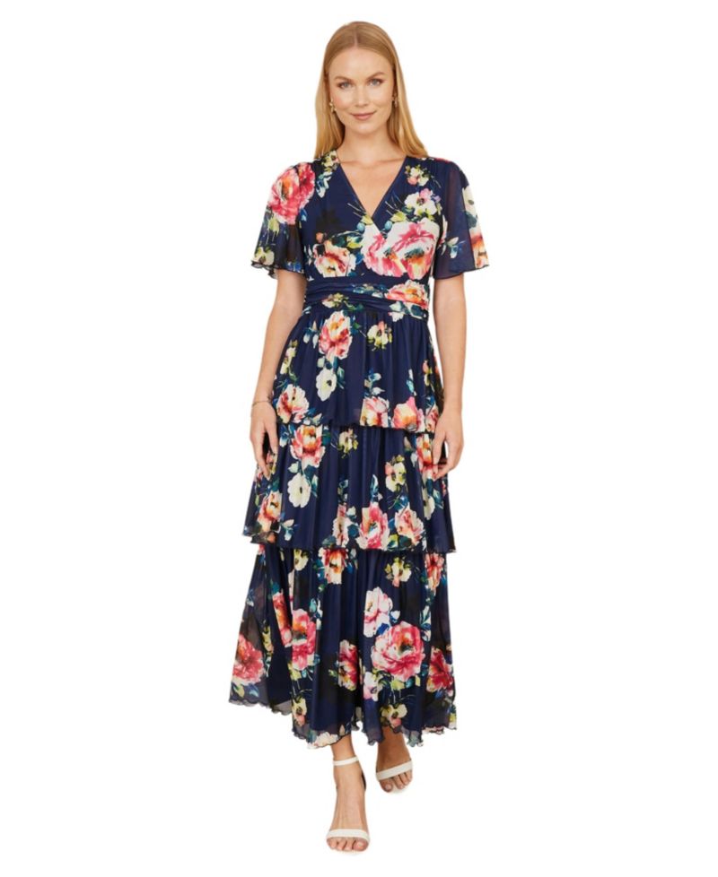 Women's Mesh V-Neck Tiered Maxi Dress