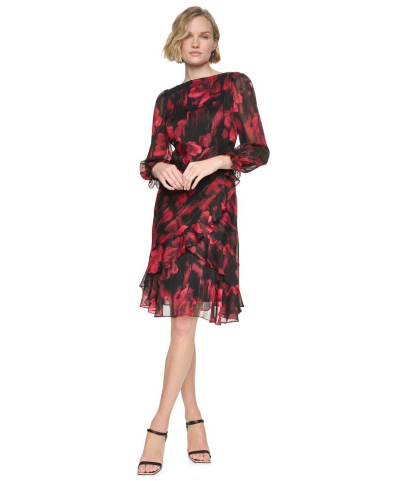 Petite Boat-Neck Long-Sleeve Floral-Print Dress