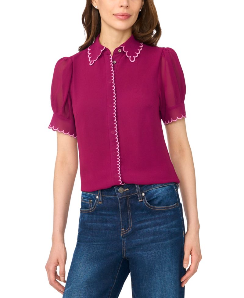 Women's Scallop Contrast Trim Button-Up Top