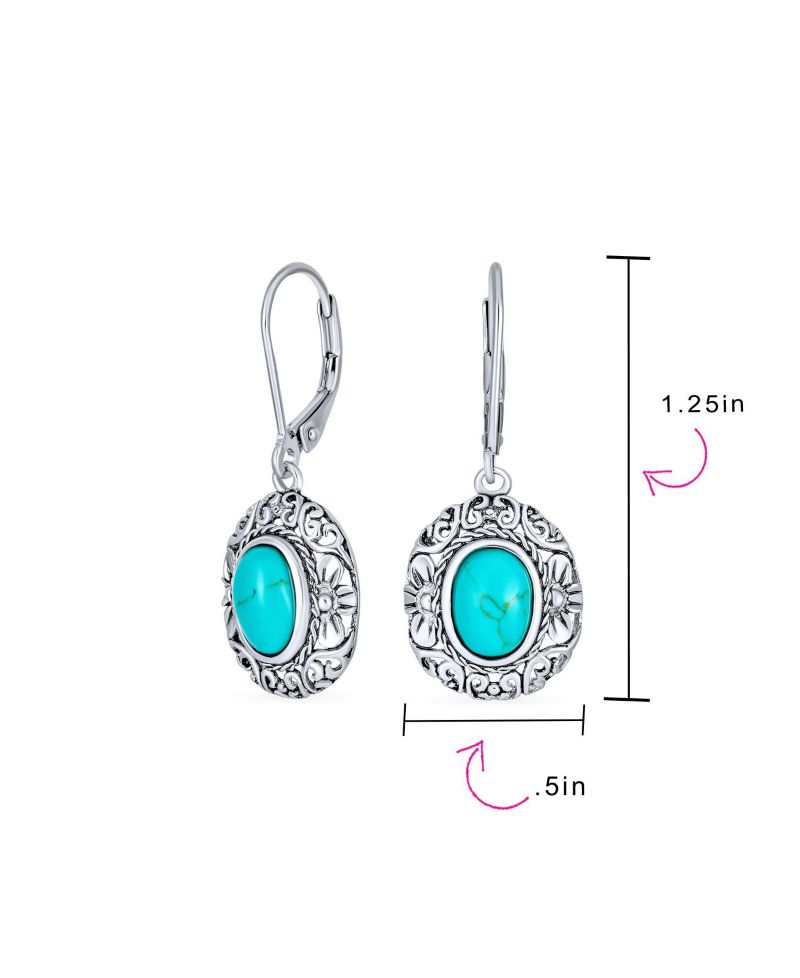 Bali Style Natural Oval Turquoise Floral Scroll Filigree Drop Earrings .925 Sterling Silver