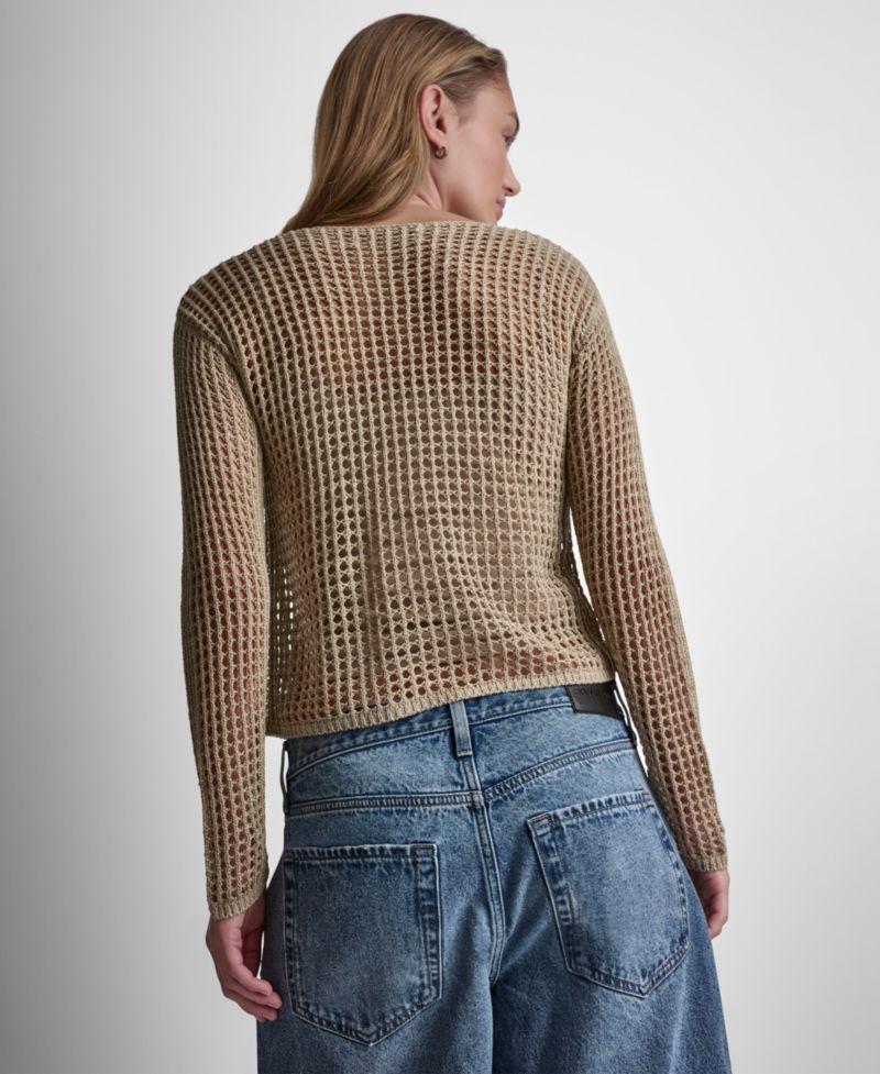 Petite Long-Sleeve Pointelle Crochet Open-Stitch Boat Neck Logo Sweater