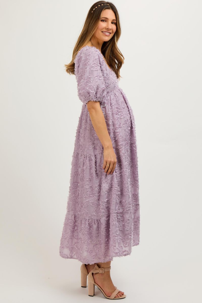 Women's Lavender Fringe Textured Short Puff Sleeve Midi Dress