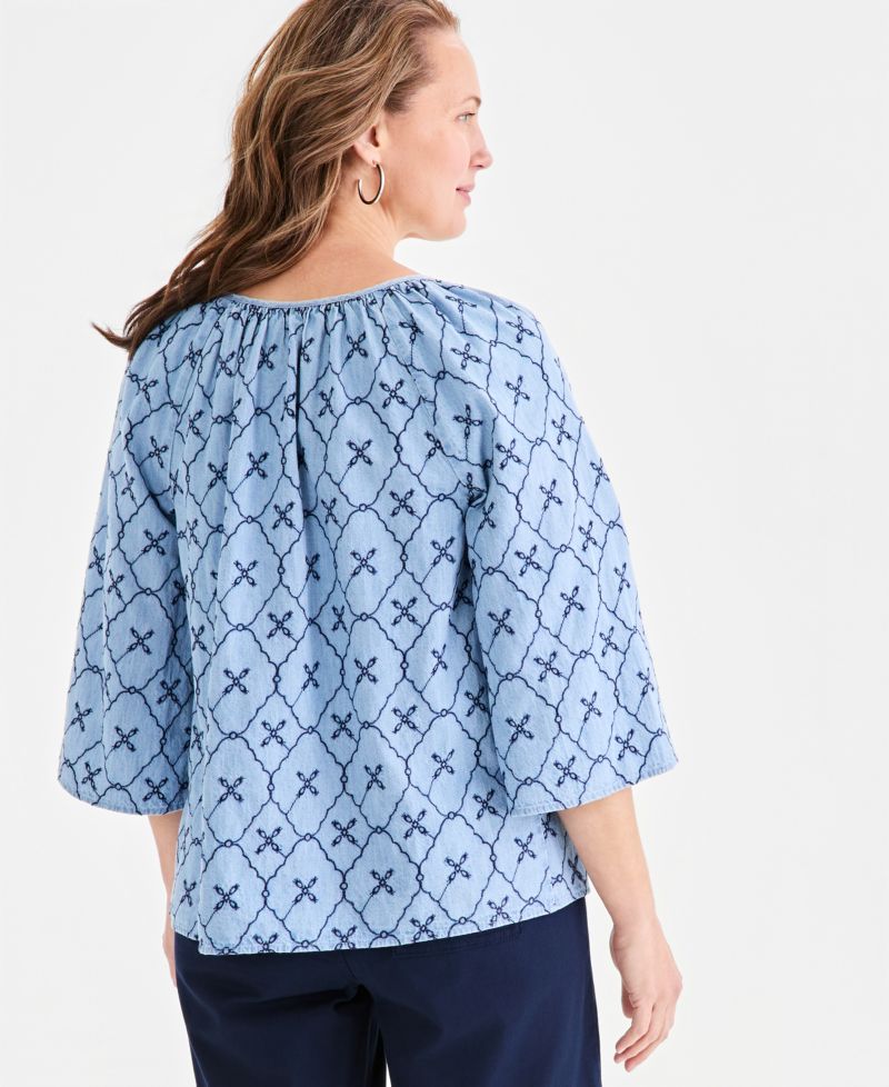 Women's Chambray Split-Neck Embroidery Top