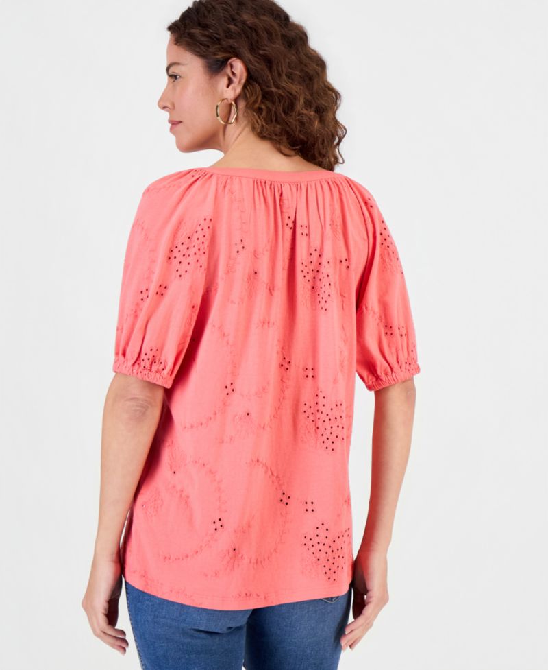 Petite Short Flutter-Sleeve Eyelet Top