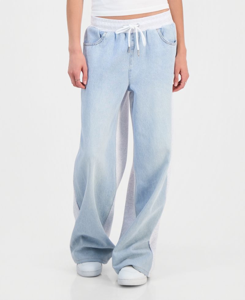 Juniors' Mixed-Media Wide-Leg Sweatpant Jeans