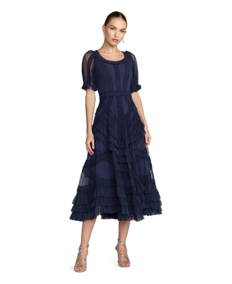 Women's Short Sleeve Mesh Mirco Ruffle Midi Dress