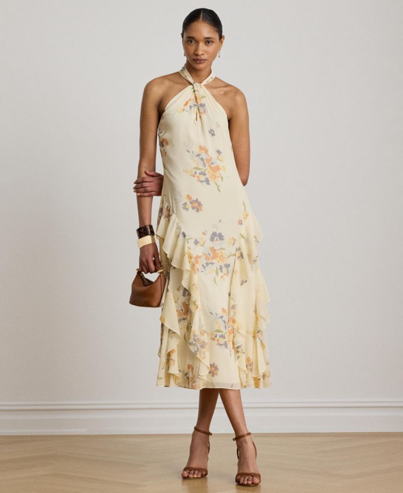 Floral Ruffle-Trim Halter Cocktail Dress