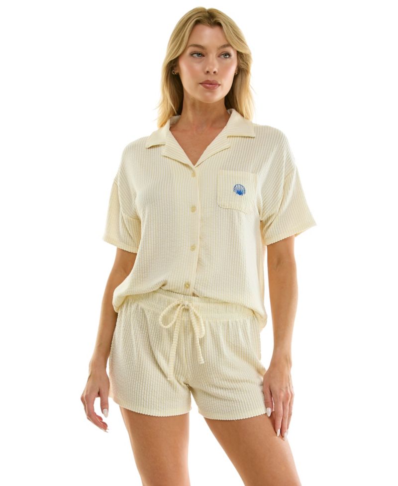 Women's Knit Seersucker Notch Collar Top and Shorts, 2-Piece Set