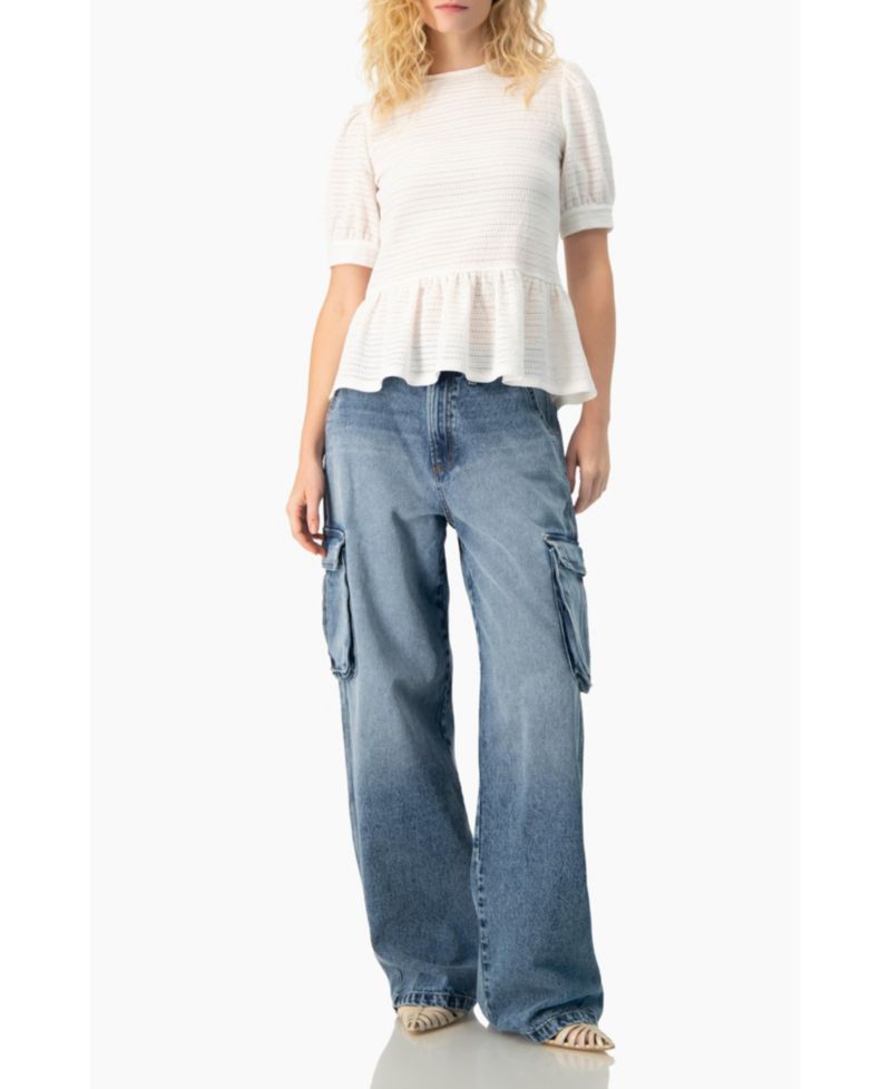 Women's Tonal Stripe Textured See-Through Peplum Short-Sleeve Blouse