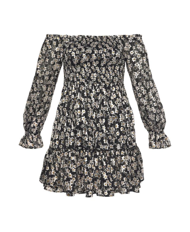 Women's Floral Print Off Shoulder Lace Ruffle-Trim Short Dress