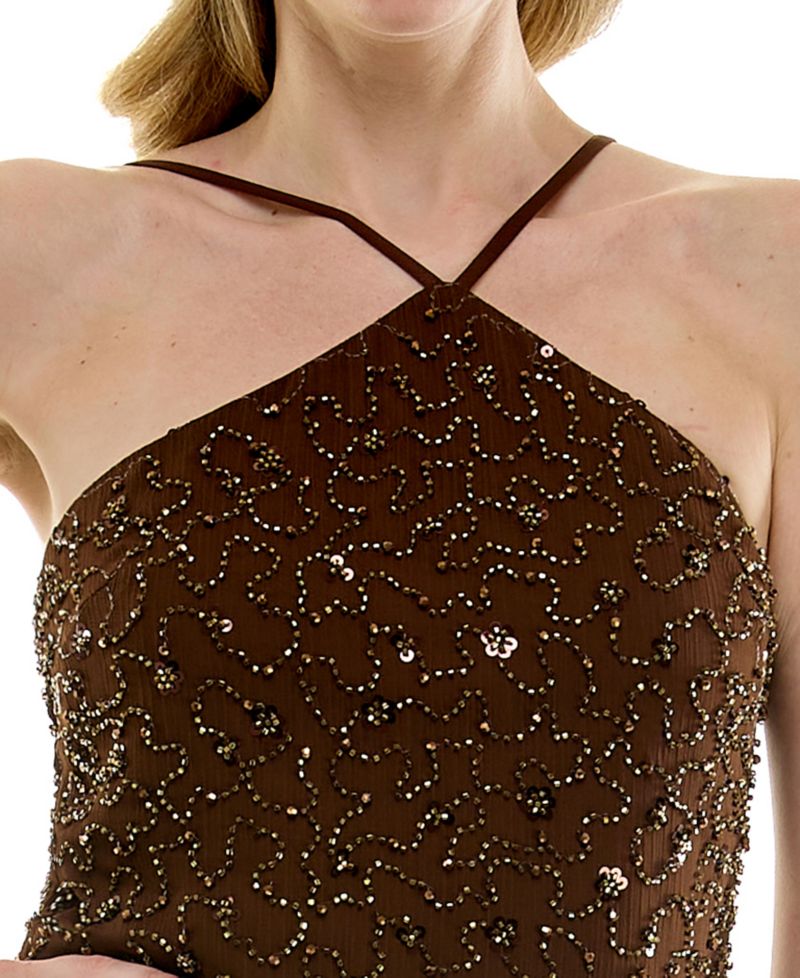 Juniors' Floral Beaded Chiffon Halter Neck Flared Mini Dress