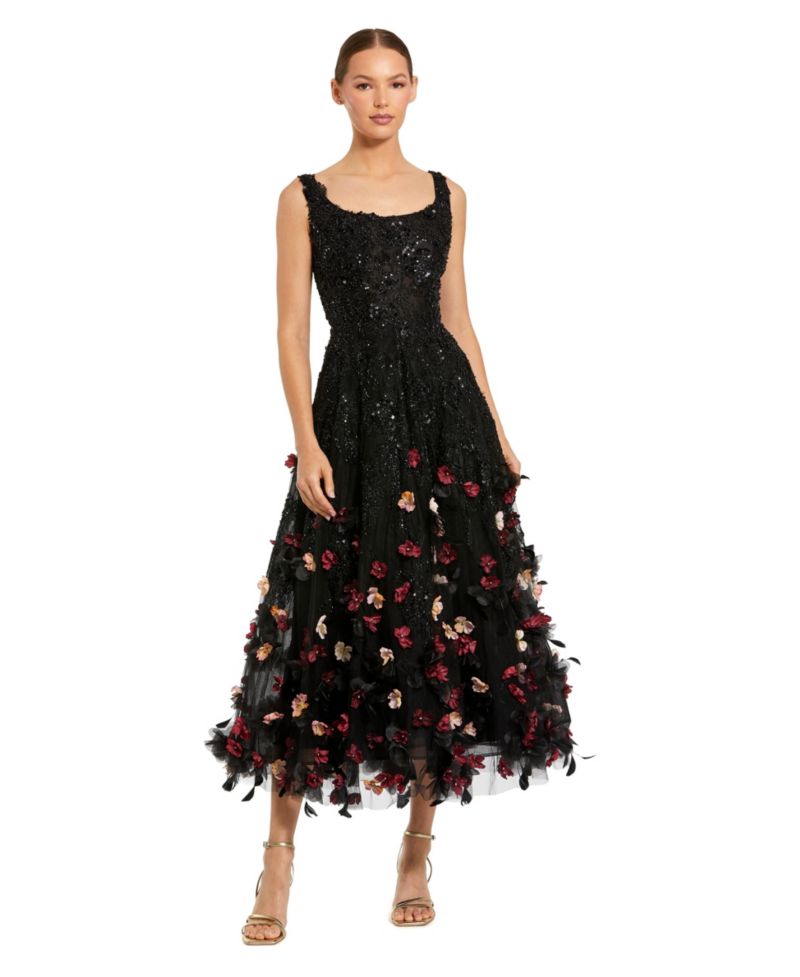 Petite Sleeveless Beaded Midi Dress With 3D Flowers