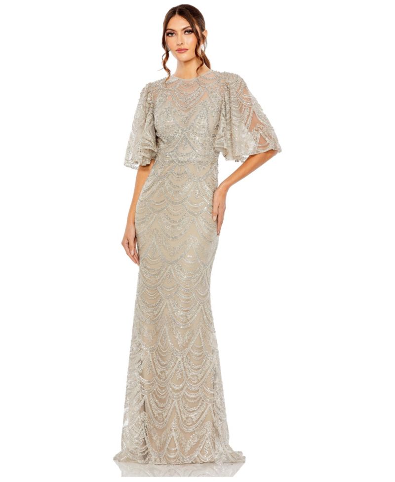 Women's Embellished Flutter Sleeve High Neck Gown