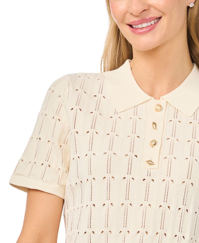Women's Pointelle Short-Sleeve Collared Sweater