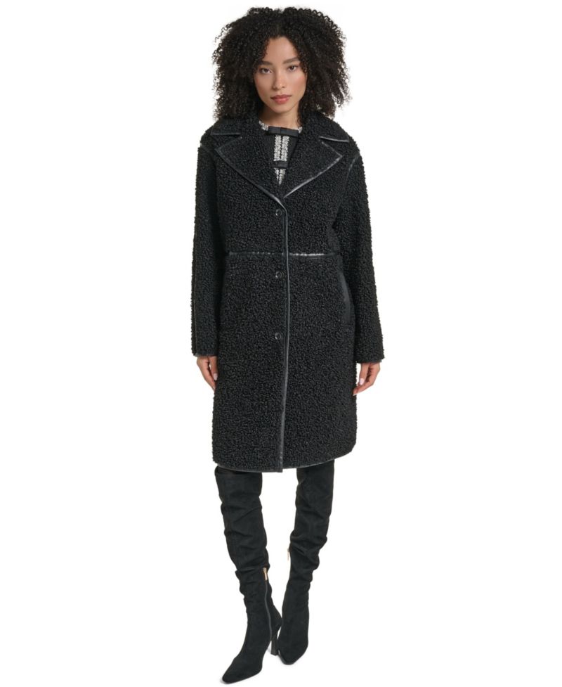 Women's Faux-Leather-Trim Teddy Coat