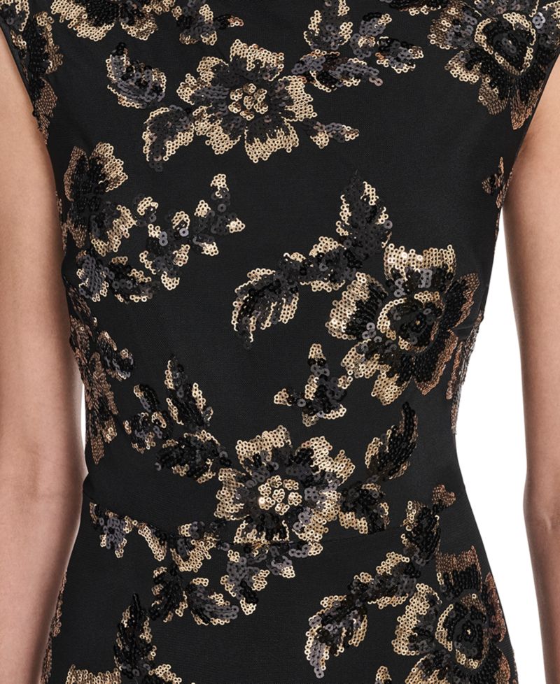 Women's Floral-Print Sequined Boat Neck Gown