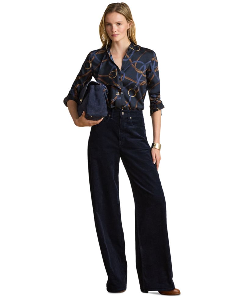 Petite Belting-Print Ruffle-Trim Twill Shirt