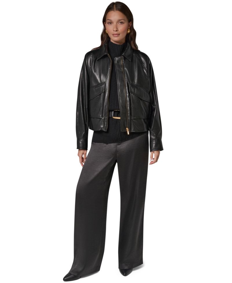 Women's Short Raglan Collared Faux Leather Jacket