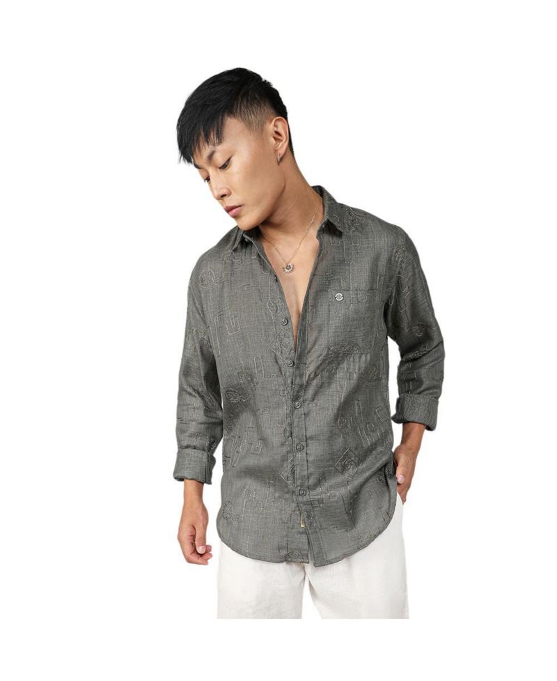 Men's Olive Green Embroidered One-Lined Shirt