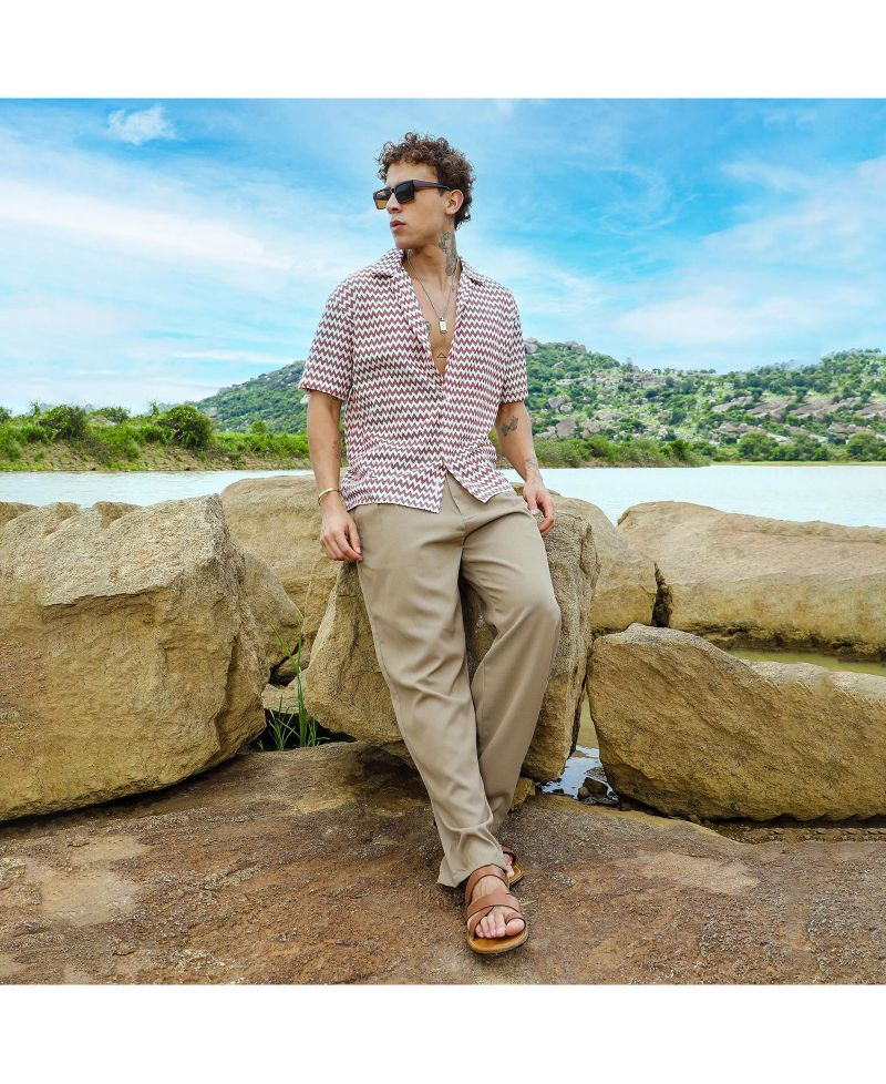Men's Terracotta Brown & Powder White Chevron-Striped Oversized Shirt