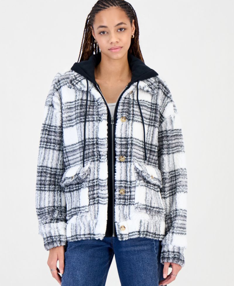 Juniors' Sherpa-Lined Plaid Hooded Shacket