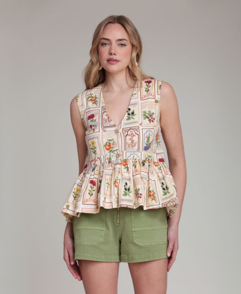 Women's Botanical-Print V-Neck Linen Blend Peplum Top