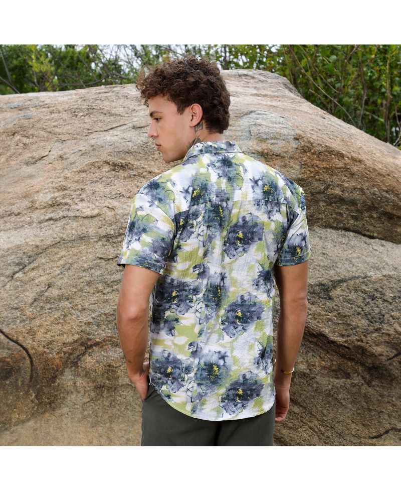 Men's Navy Blue & Powder White Smudged Botanical Shirt