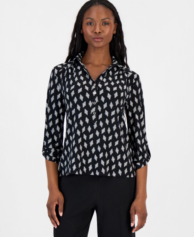 Women's Printed Collared 3/4-Sleeve Top