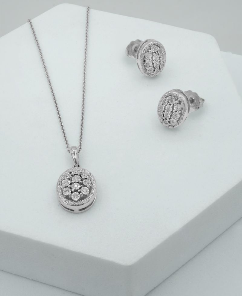 Diamond Oval Halo Cluster Earrings (1/10 ct. t.w.) in Sterling Silver