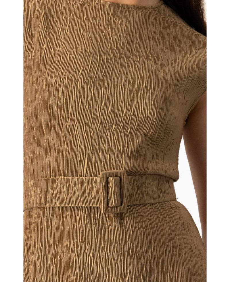 Women's Textured Belted A-Line Dress, Cap Sleeve Fit-and-Flare with Buckle Belt